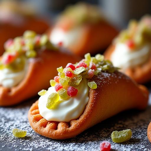 Cannoli siciliani freschi ripieni di ricotta, con canditi e granella di pistacchio, simbolo della pasticceria tradizionale italiana.