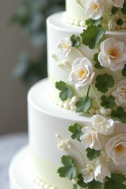 Dettaglio di una torta nuziale a più piani, finemente decorata con fiori bianchi ed edera, preparata da Boreale Dolci per un evento indimenticabile.