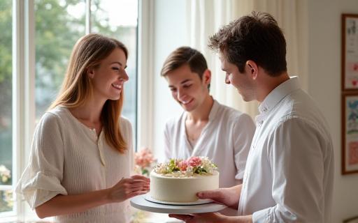 Una coppia discute i dettagli di una torta nuziale con un pasticcere in uno studio luminoso e accogliente